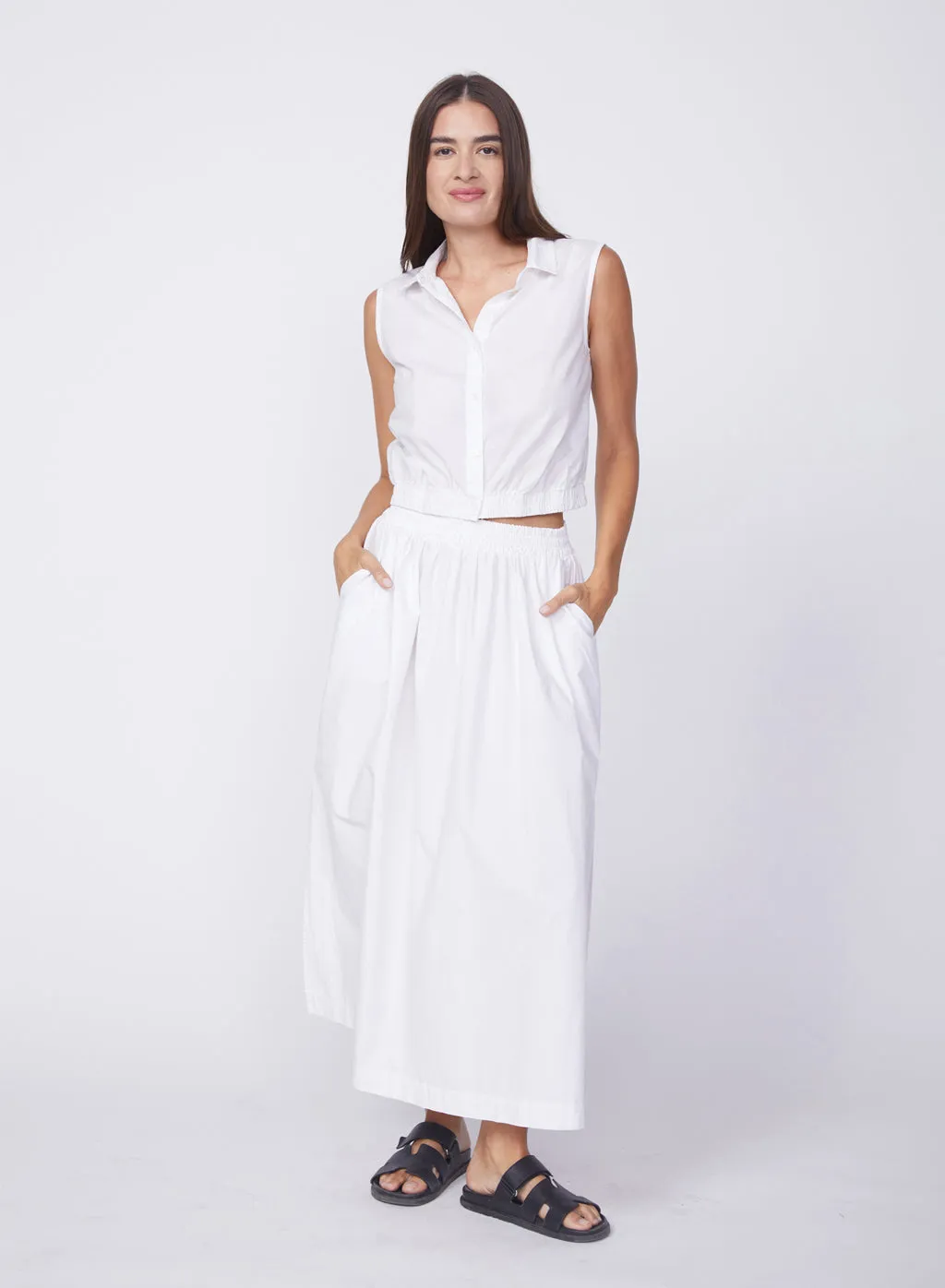 White Poplin Maxi Skirt with Double Slit - Shop Now