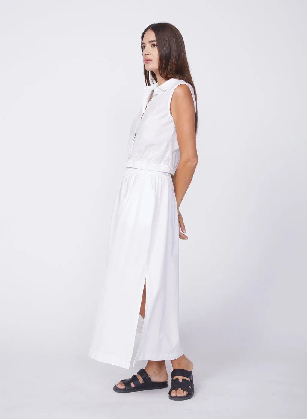 White Poplin Maxi Skirt with Double Slit - Shop Now