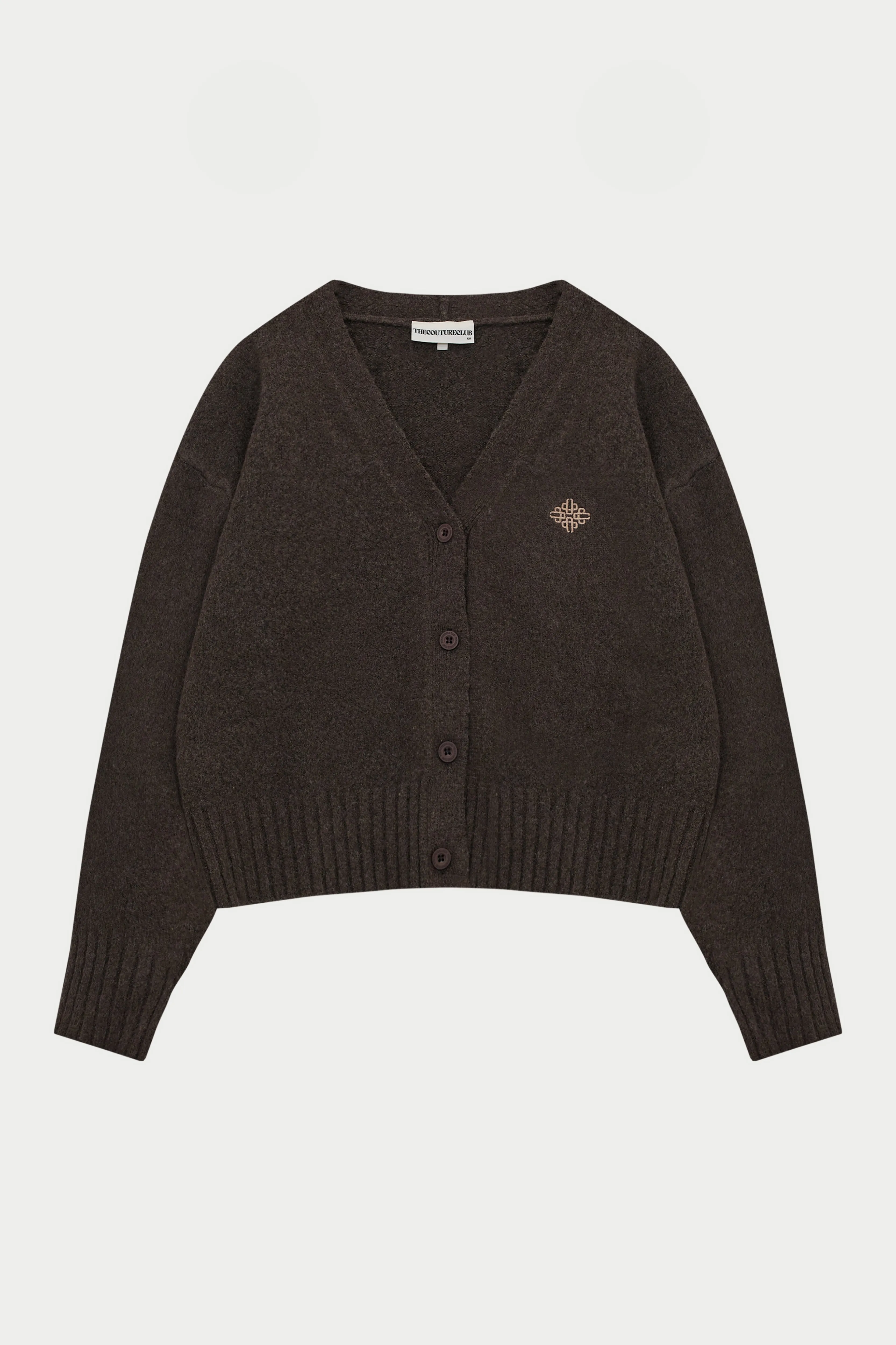 FLUFFY KNIT EMBLEM EMBROIDERED CARDIGAN - BROWN