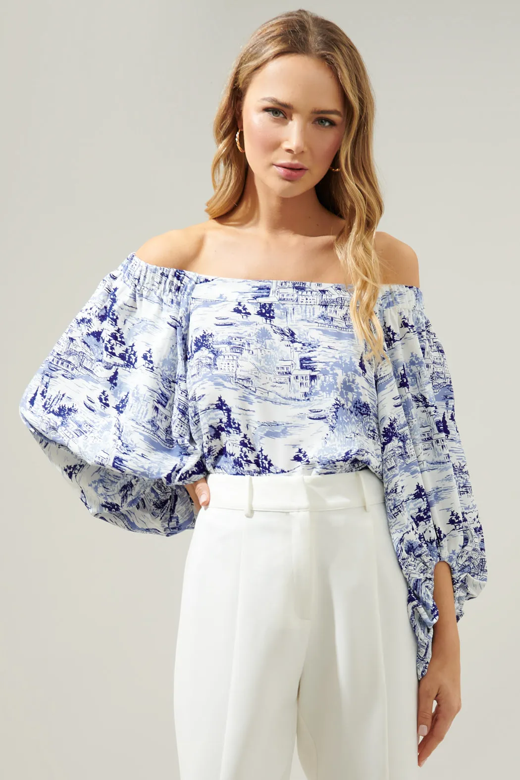 Francine Toile Sky Off the Shoulder Balloon Sleeve Top