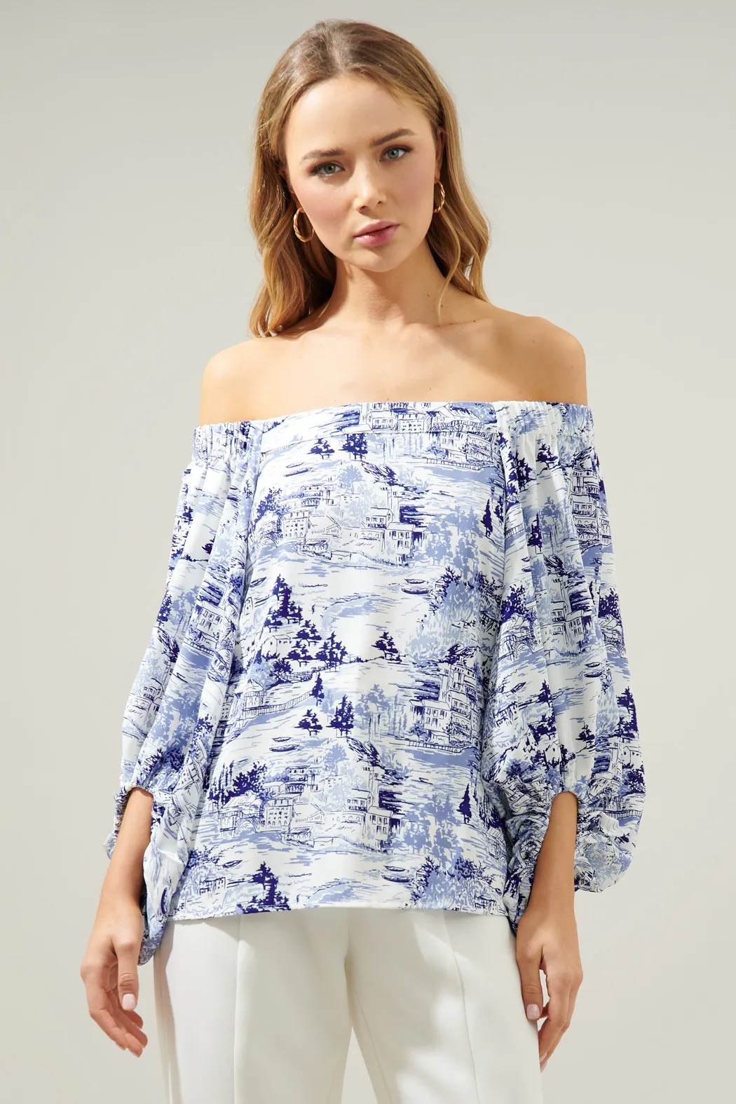 Francine Toile Sky Off the Shoulder Balloon Sleeve Top