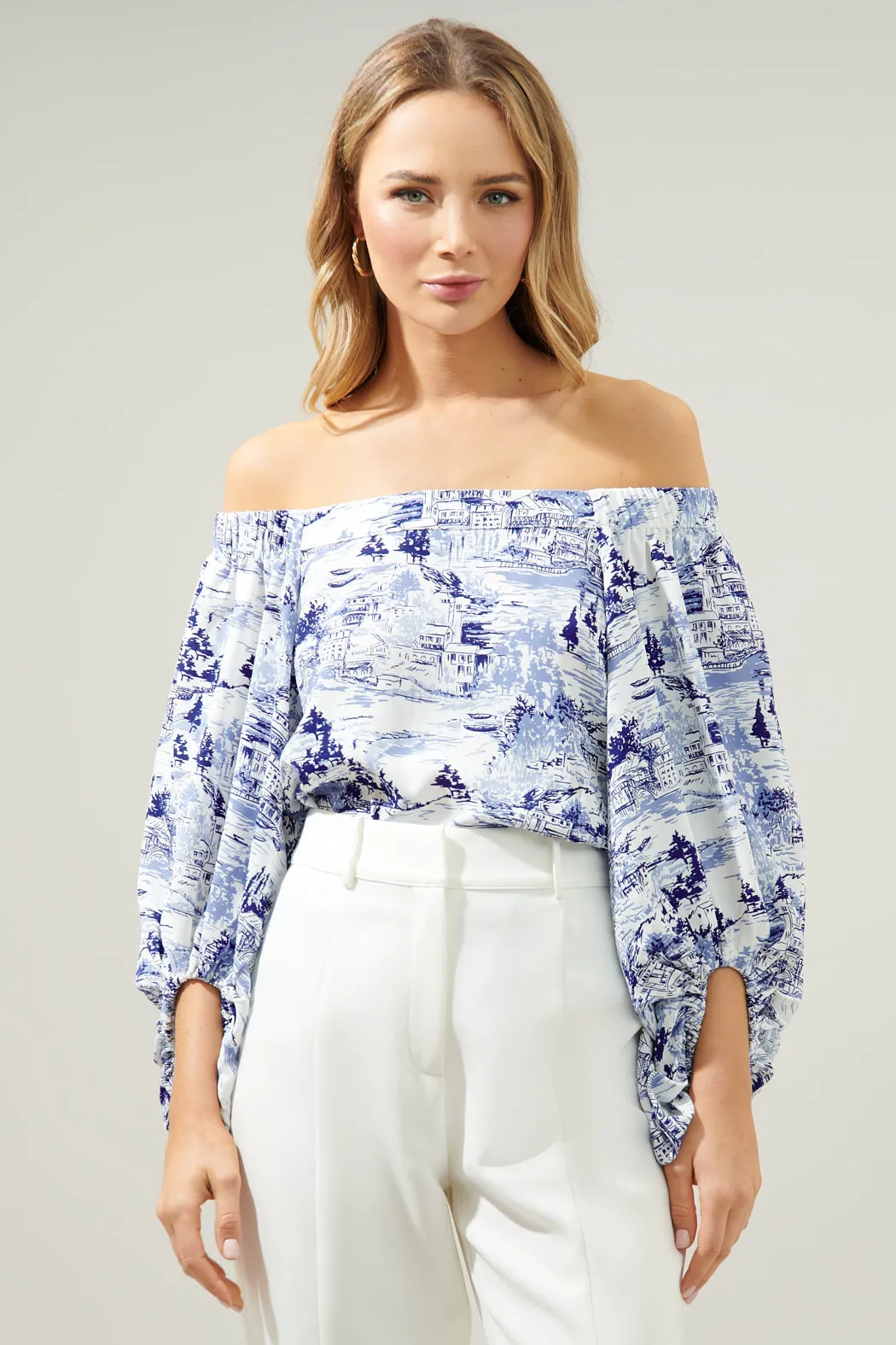 Francine Toile Sky Off the Shoulder Balloon Sleeve Top