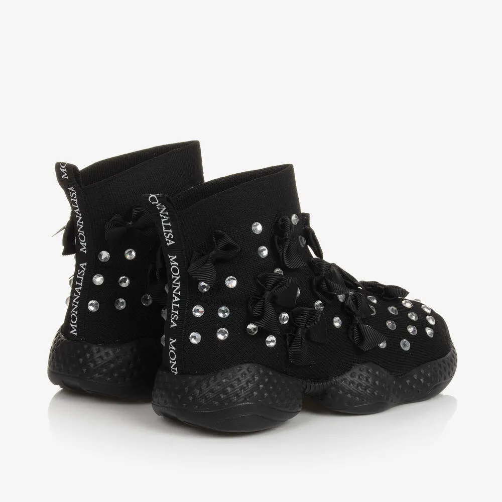 Girls Black Knitted Rhinestone Trainers