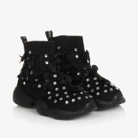 Girls Black Knitted Rhinestone Trainers