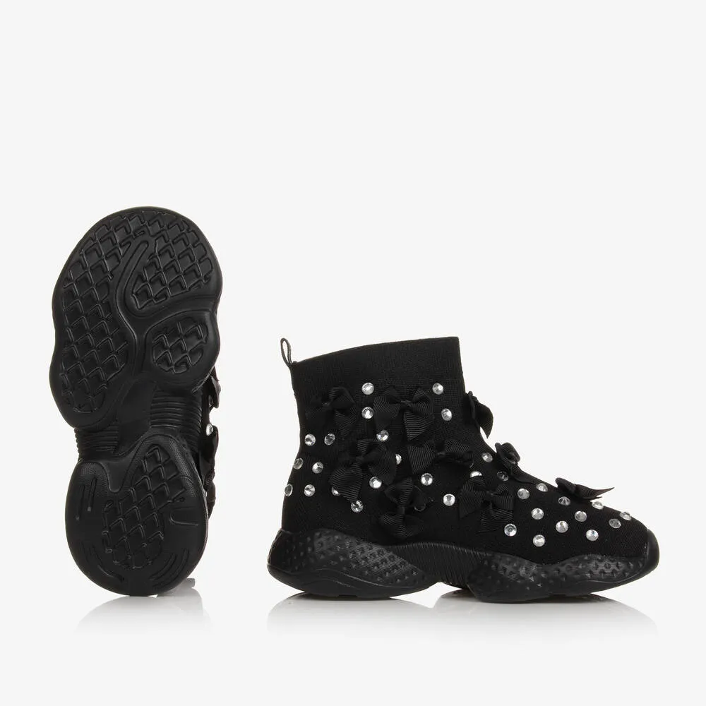 Girls Black Knitted Rhinestone Trainers