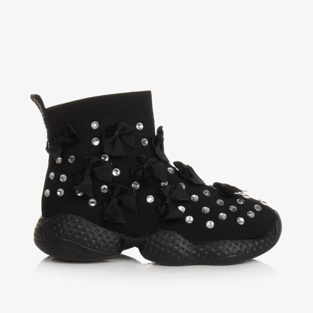 Girls Black Knitted Rhinestone Trainers