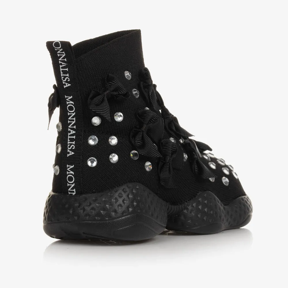 Girls Black Knitted Rhinestone Trainers