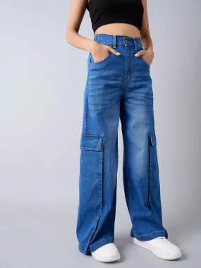 Girls Blue Blast Hem Pocket Straight Jeans