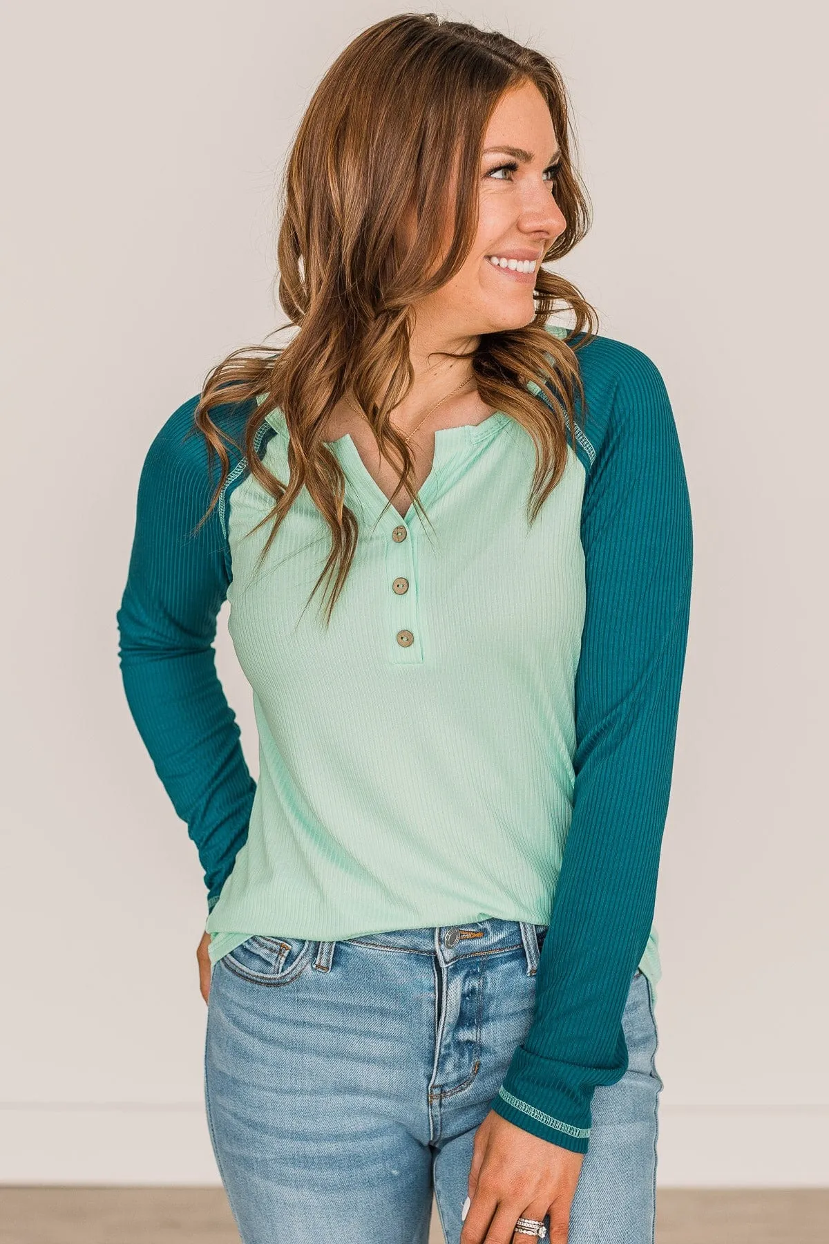 Mint & Teal Button Knit Top