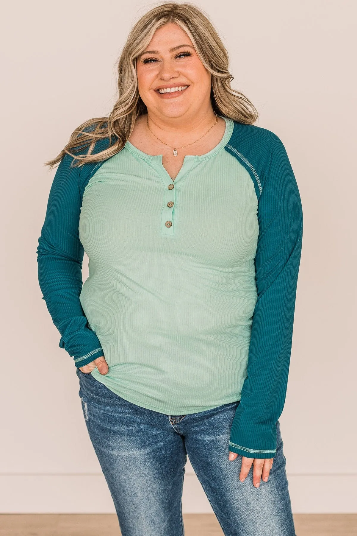 Mint & Teal Button Knit Top