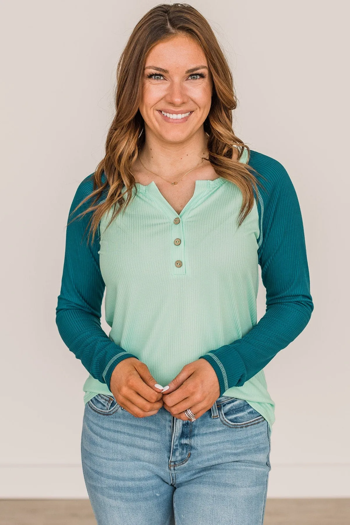 Mint & Teal Button Knit Top