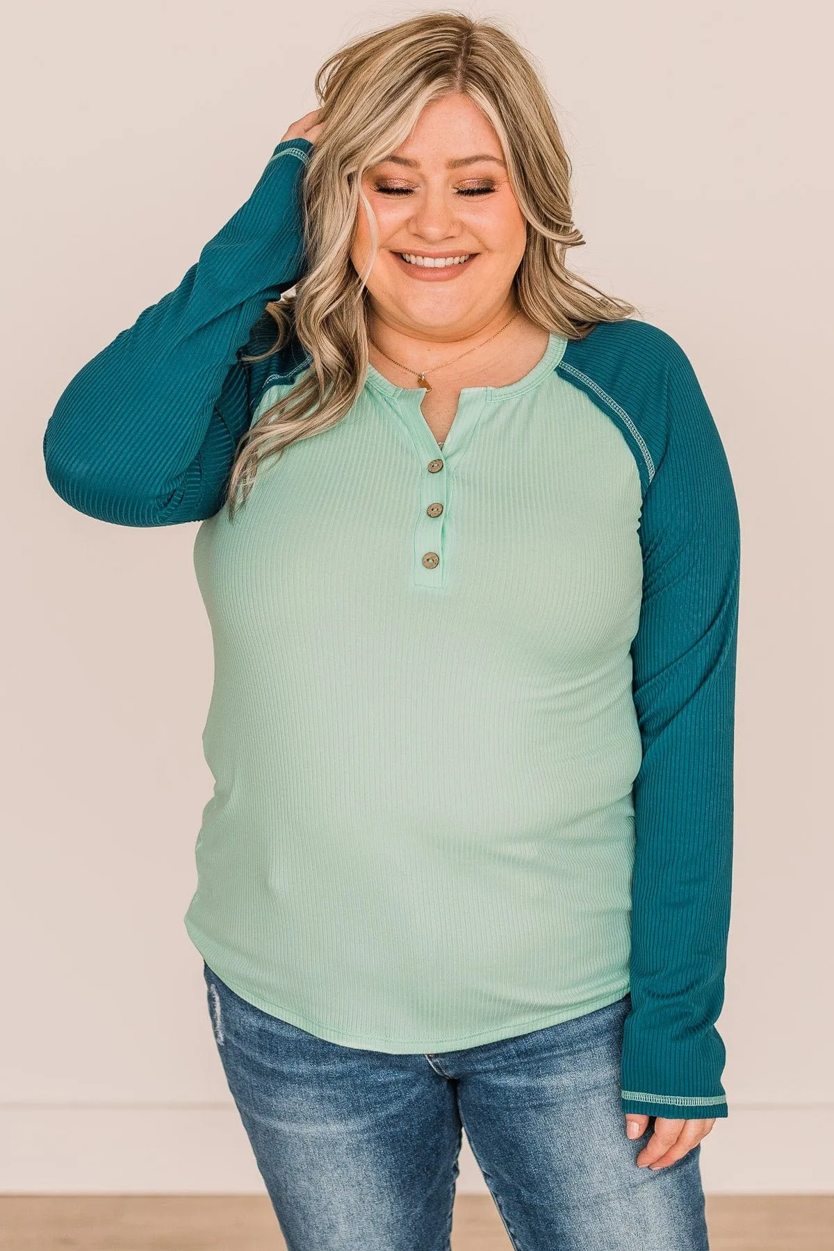 Mint & Teal Button Knit Top