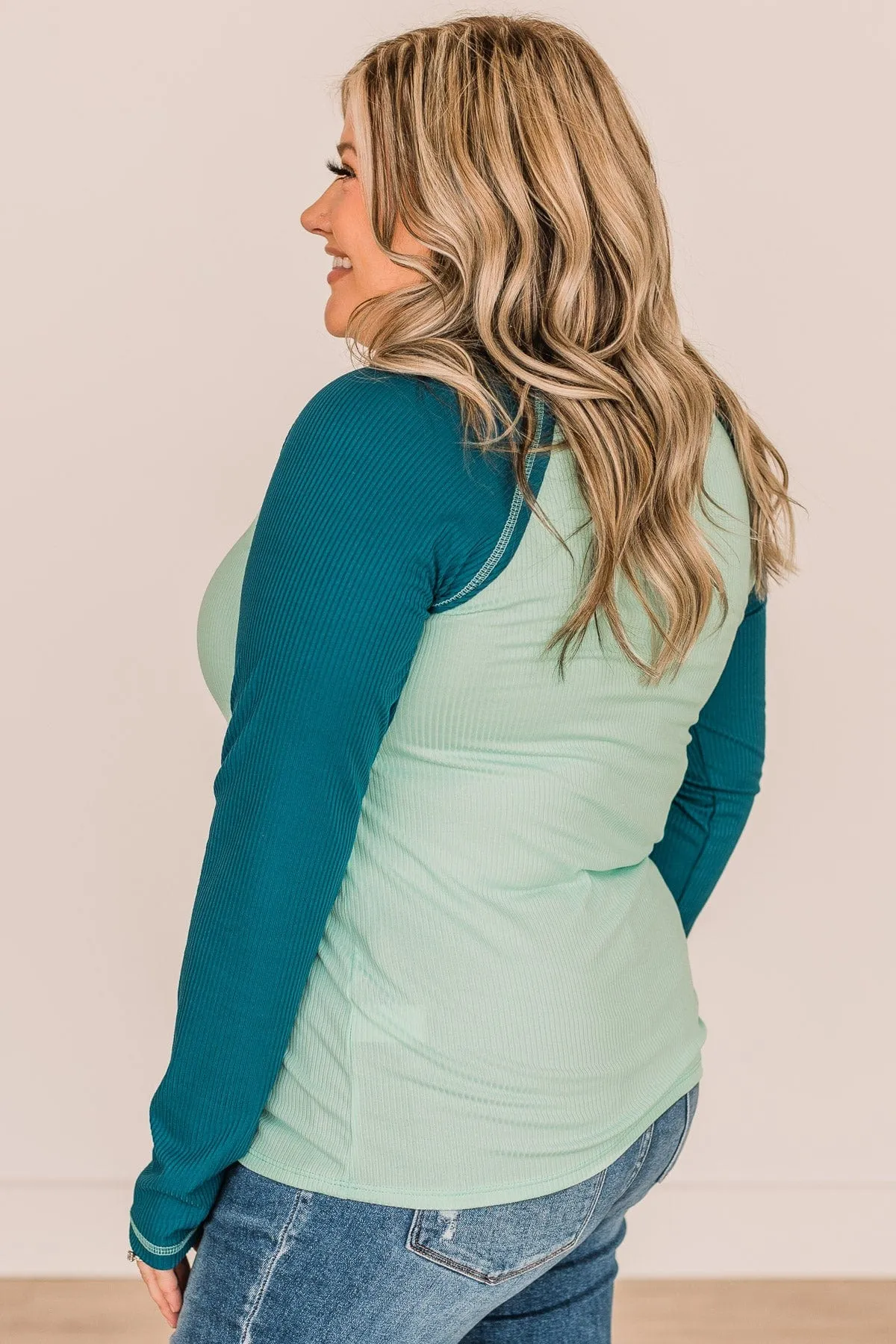 Mint & Teal Button Knit Top