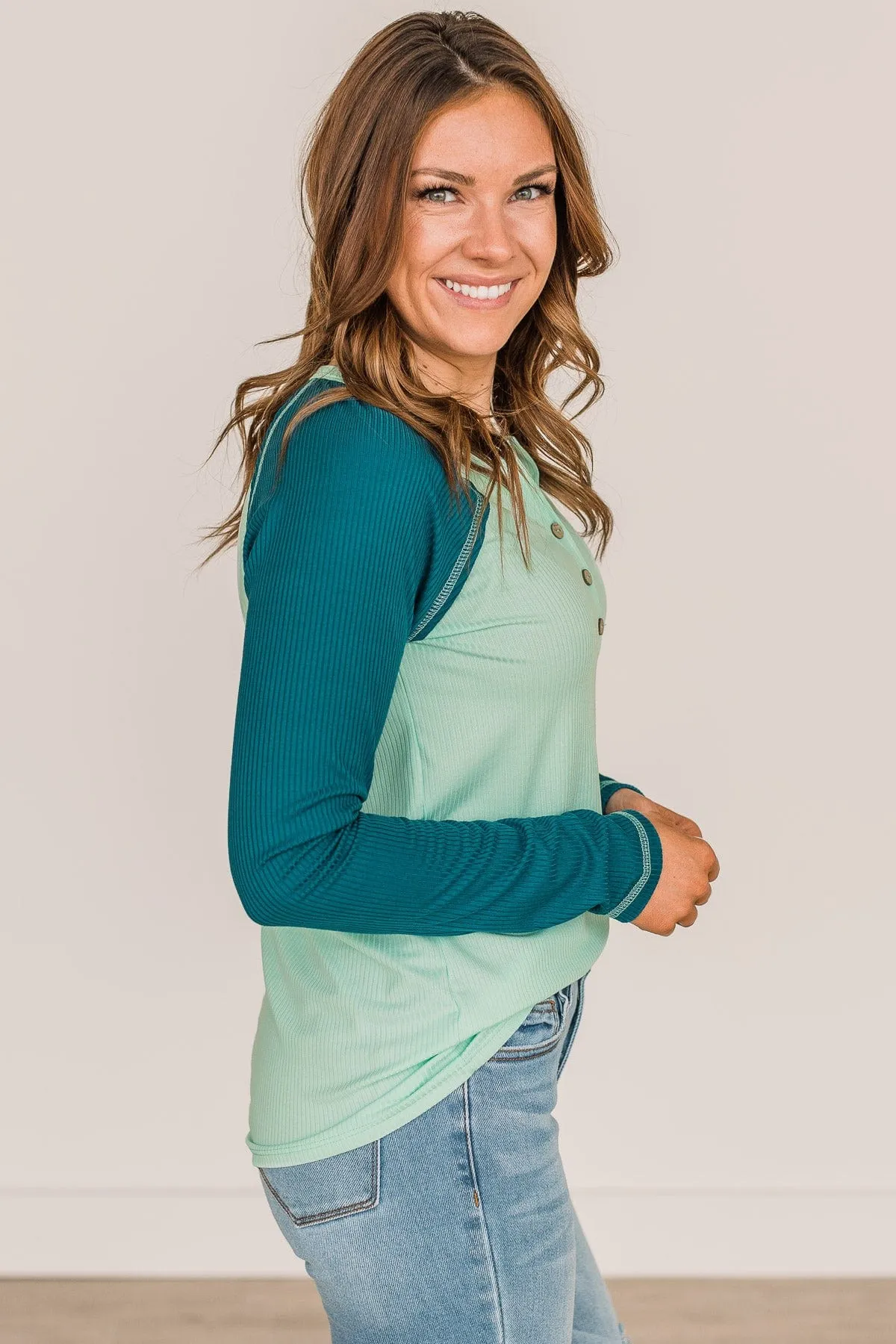 Mint & Teal Button Knit Top