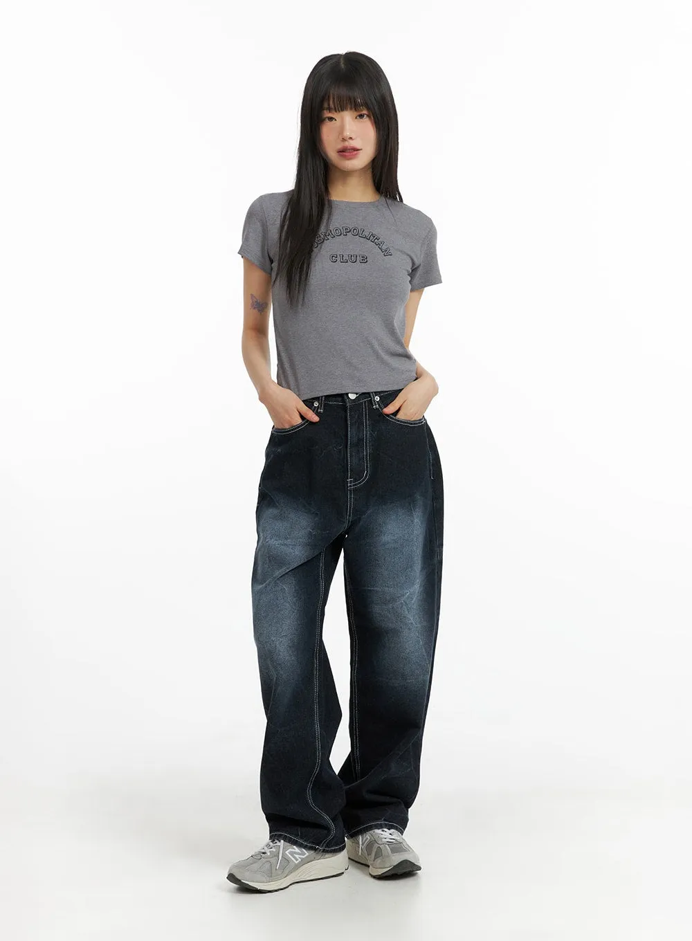 Graphic Dark Washed Baggy Jeans with Lettering Design CM412