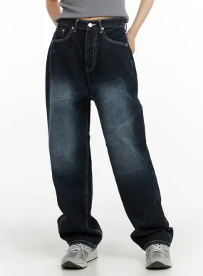 Graphic Dark Washed Baggy Jeans with Lettering Design CM412