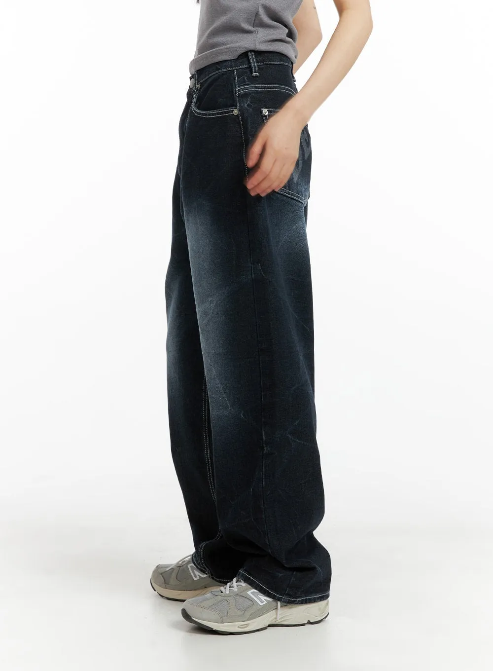 Graphic Dark Washed Baggy Jeans with Lettering Design CM412