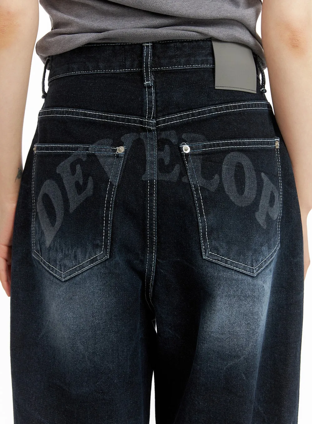 Graphic Dark Washed Baggy Jeans with Lettering Design CM412