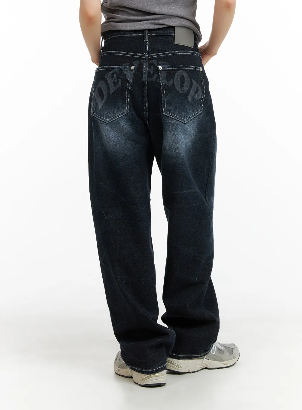 Graphic Dark Washed Baggy Jeans with Lettering Design CM412