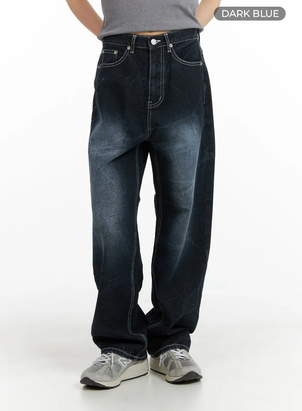 Graphic Dark Washed Baggy Jeans with Lettering Design CM412