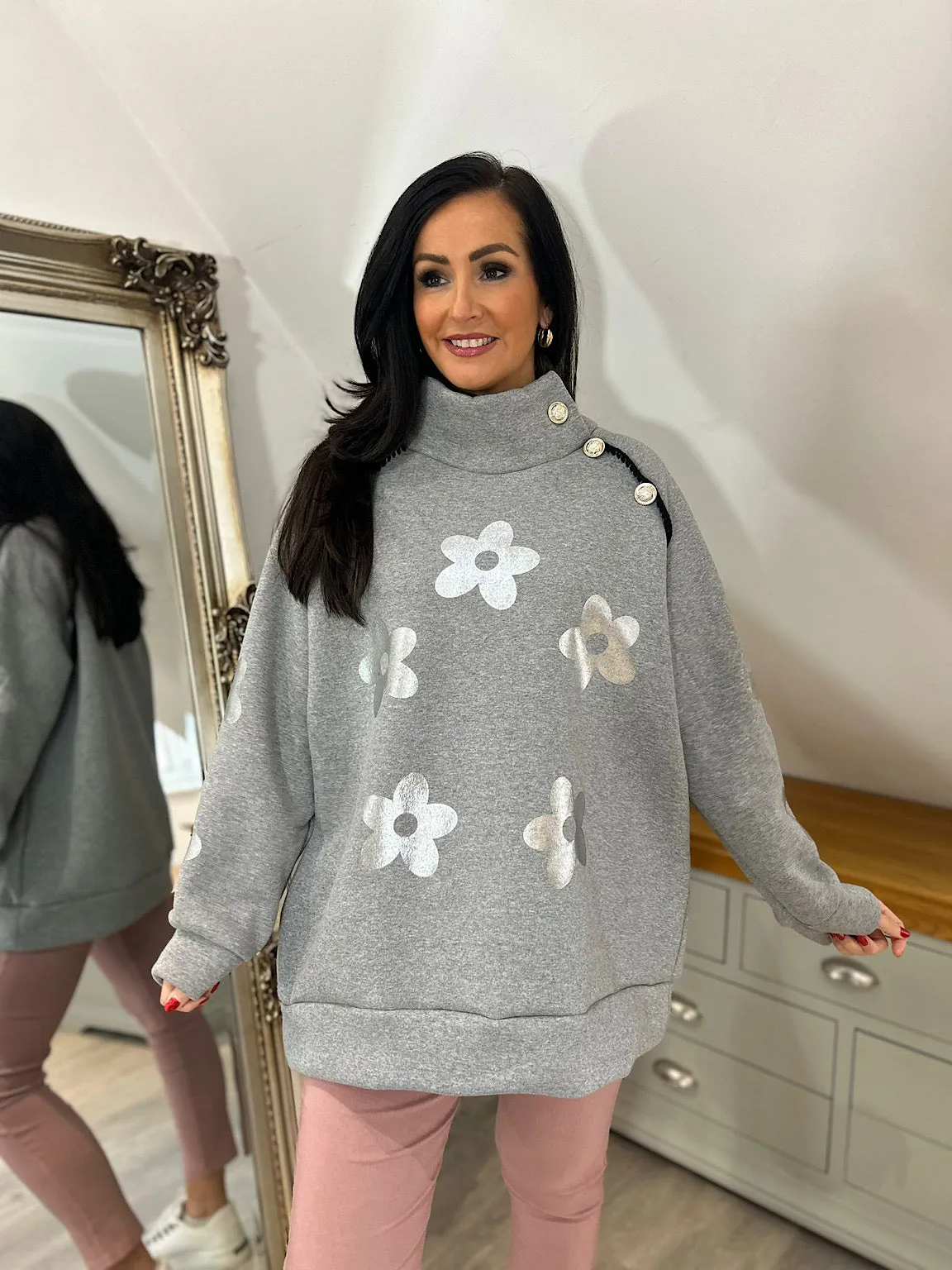 Grey Daisy Detail High Neck Sweatshirt - Claire