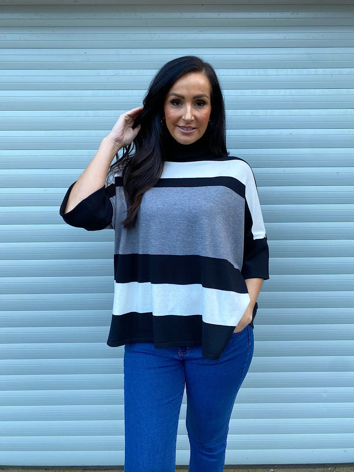 Grey Folded Sleeve Knit