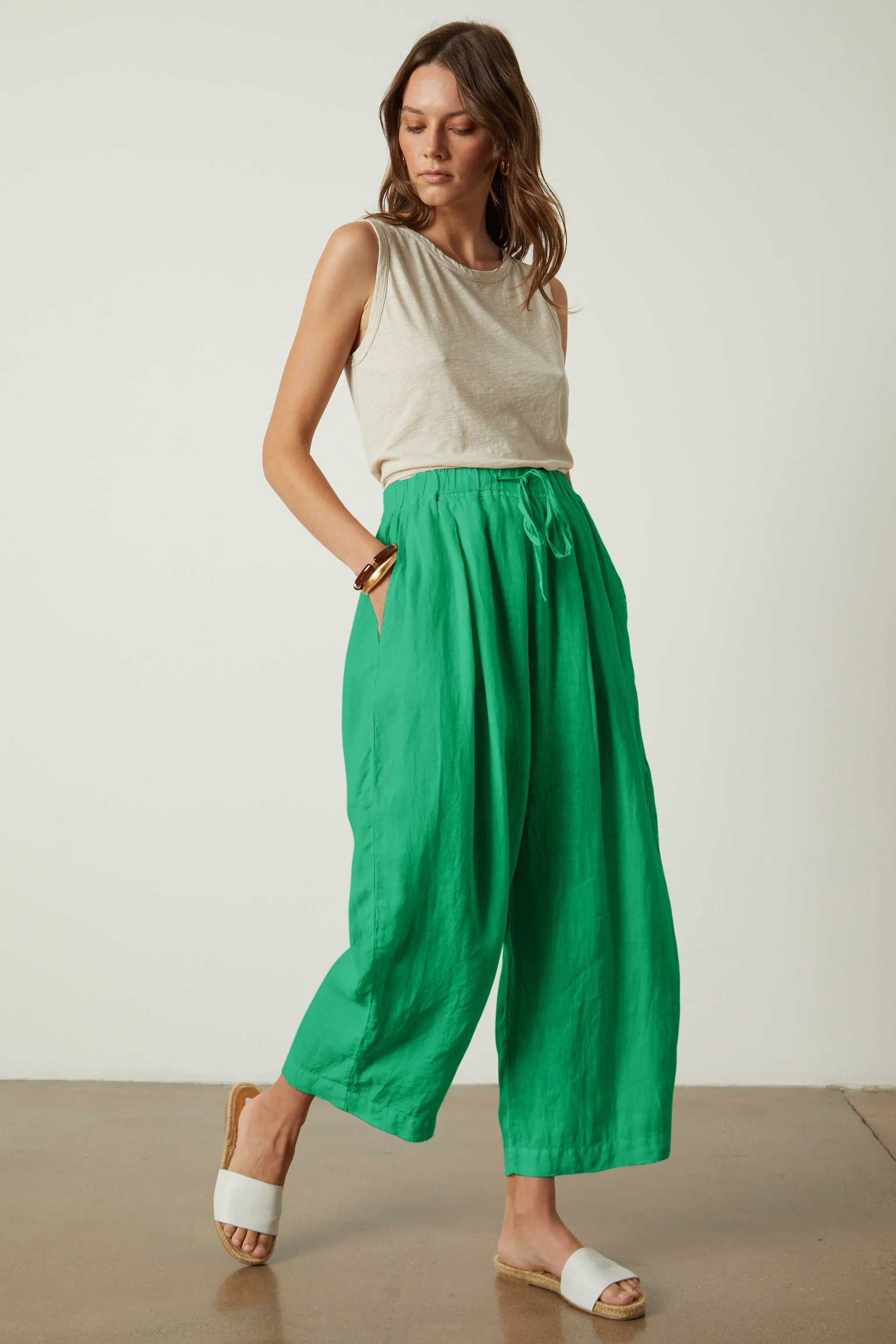 HANNAH WOVEN LINEN TROUSERS IN JADE