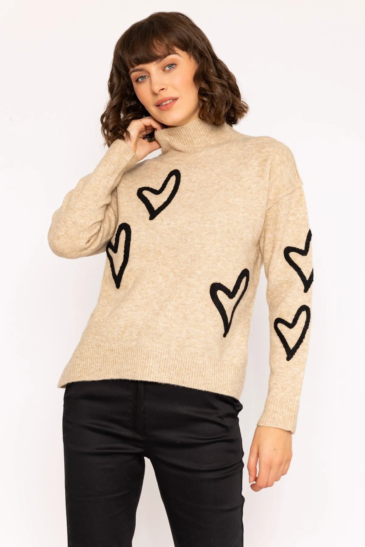 High Neck Camel Jumper with Heart Knit Design