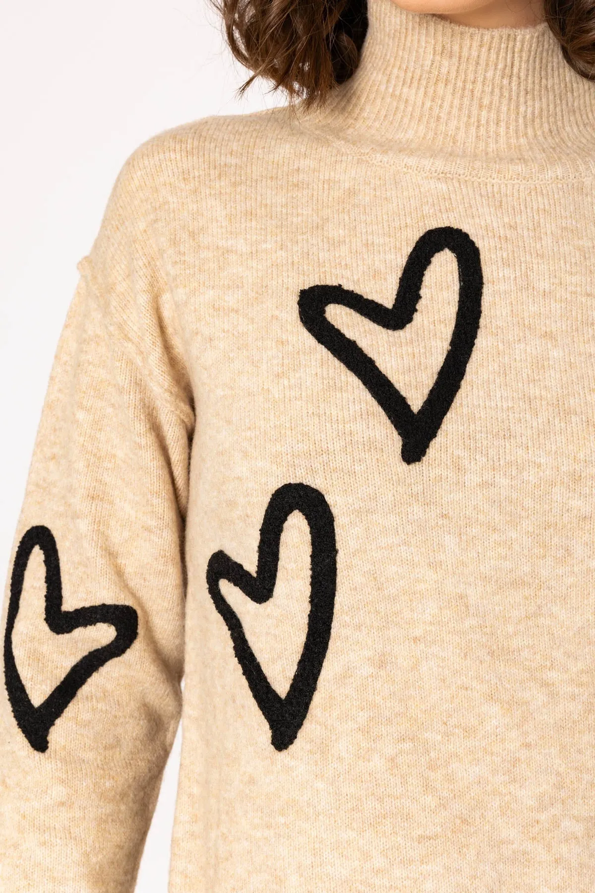 High Neck Camel Jumper with Heart Knit Design