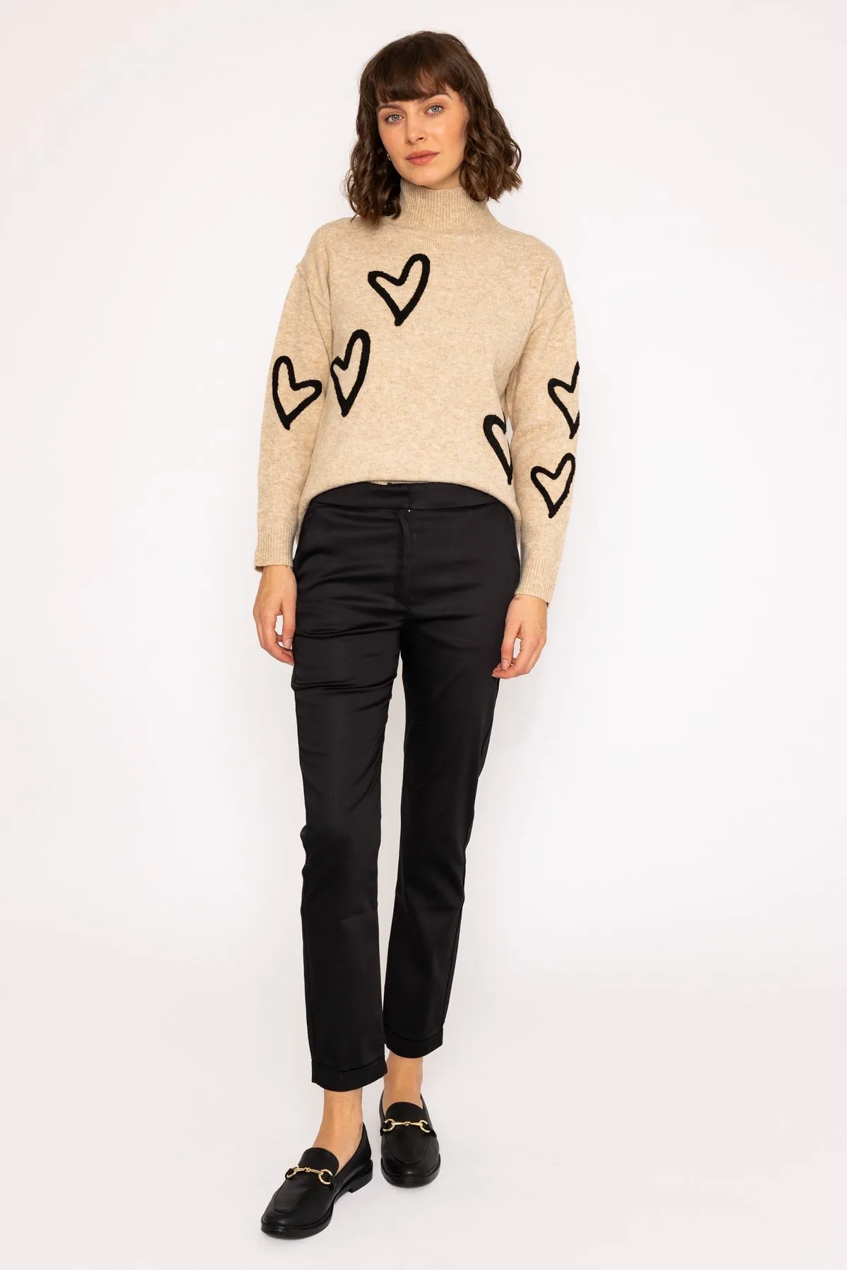 High Neck Camel Jumper with Heart Knit Design