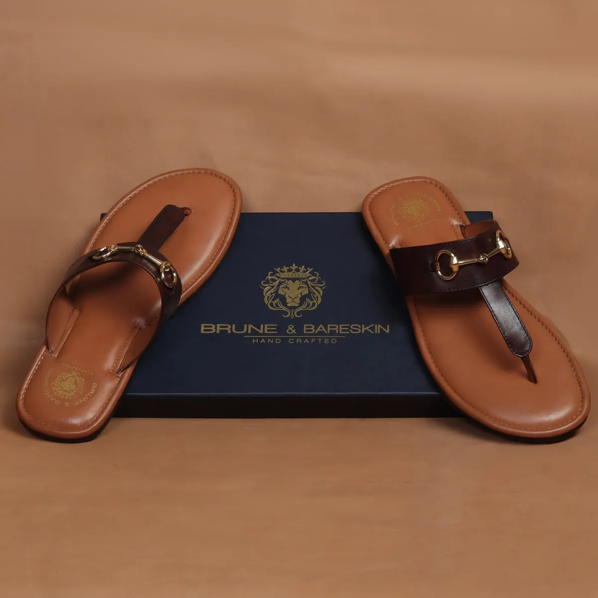 Horsebit Detailed Tan & Dark Brown Genuine Leather Slippers By Brune & Bareskin