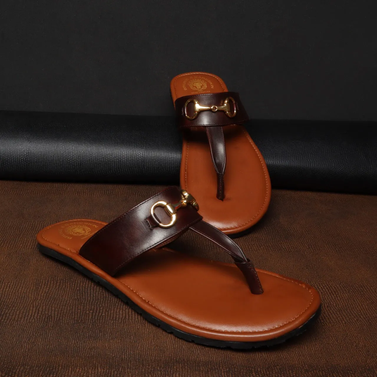 Horsebit Detailed Tan & Dark Brown Genuine Leather Slippers By Brune & Bareskin