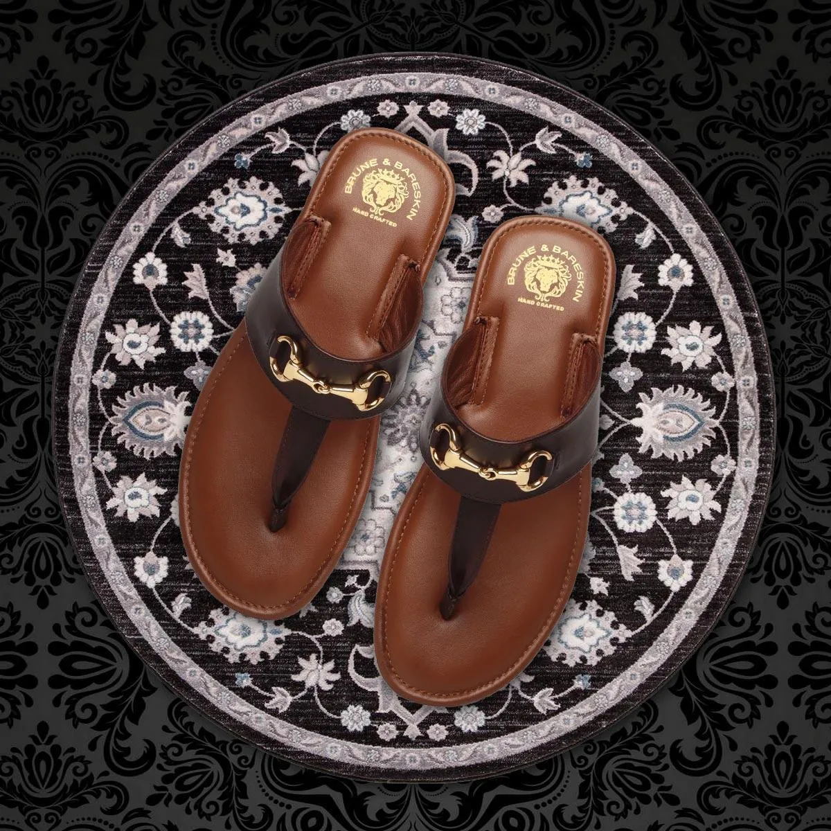 Horsebit Detailed Tan & Dark Brown Genuine Leather Slippers By Brune & Bareskin