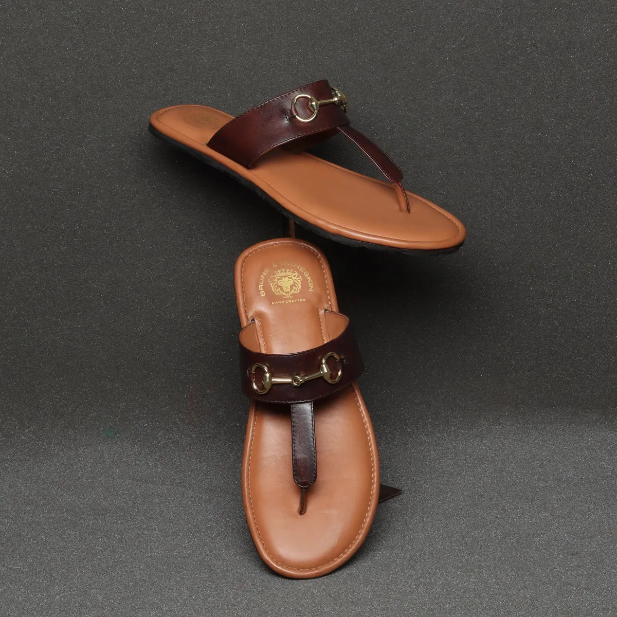 Horsebit Detailed Tan & Dark Brown Genuine Leather Slippers By Brune & Bareskin