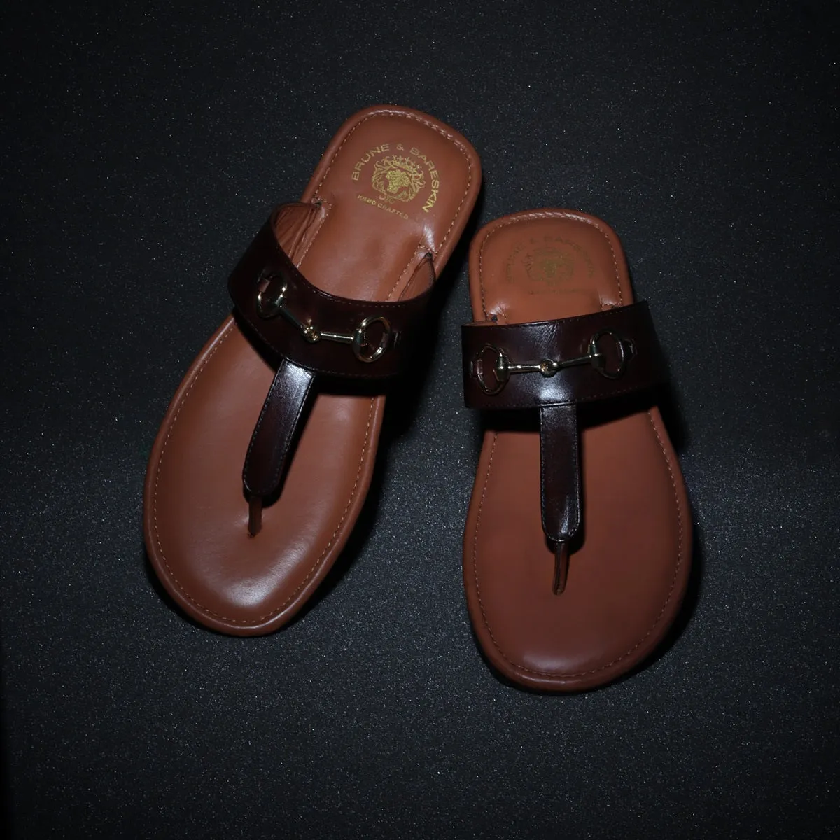 Horsebit Detailed Tan & Dark Brown Genuine Leather Slippers By Brune & Bareskin