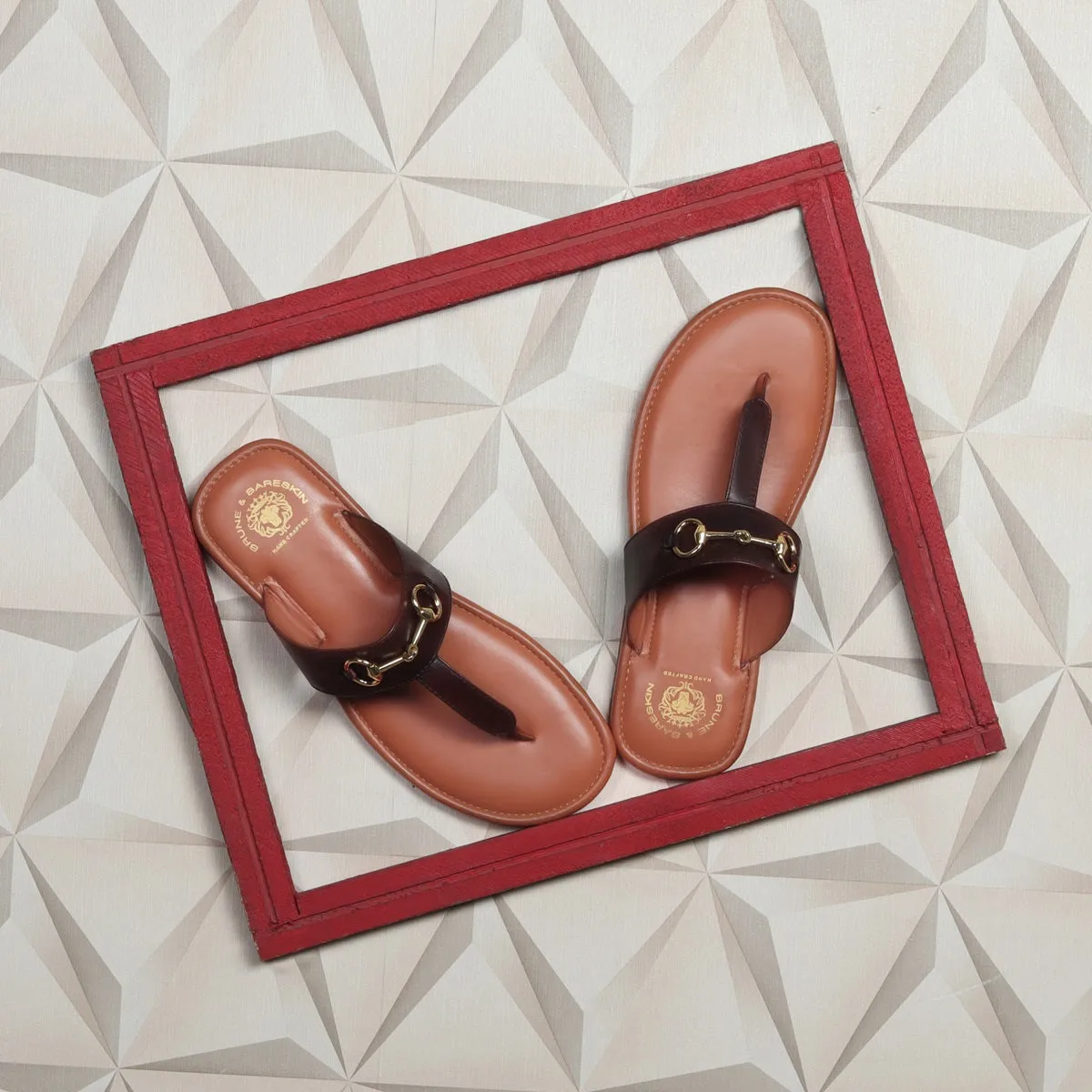 Horsebit Detailed Tan & Dark Brown Genuine Leather Slippers By Brune & Bareskin