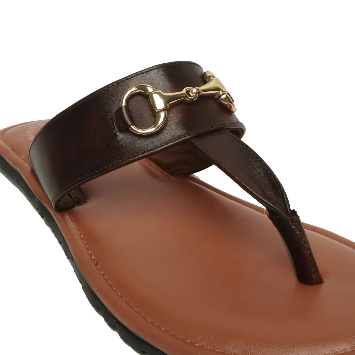 Horsebit Detailed Tan & Dark Brown Genuine Leather Slippers By Brune & Bareskin