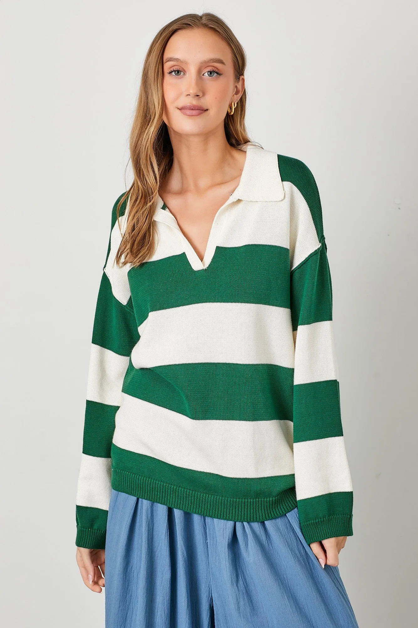 Hunter Green Wide Stripe Polo Sweater