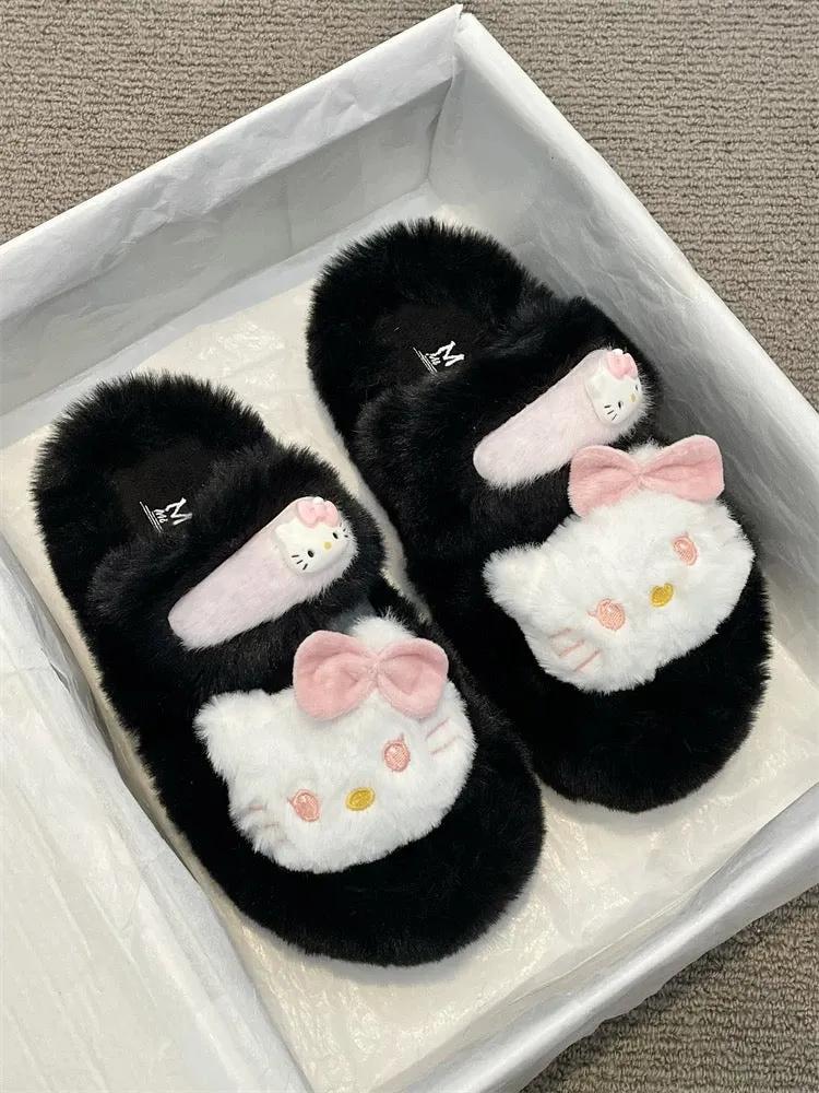 Internet celebrity cute cartoon kitty cat furry slippers for women 2024 new autumn fashionable outer wear warm slippers