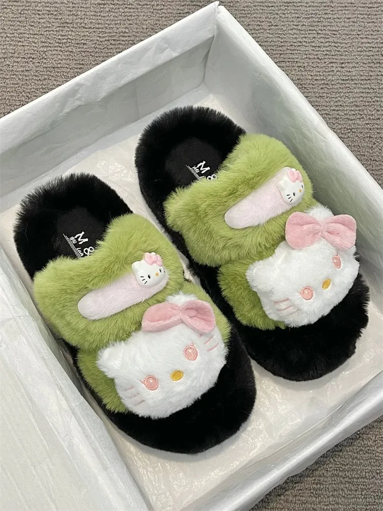 Internet celebrity cute cartoon kitty cat furry slippers for women 2024 new autumn fashionable outer wear warm slippers