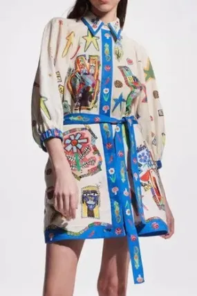 Jenny Multi Printed Button Down Shirt Dress With Matching Sash