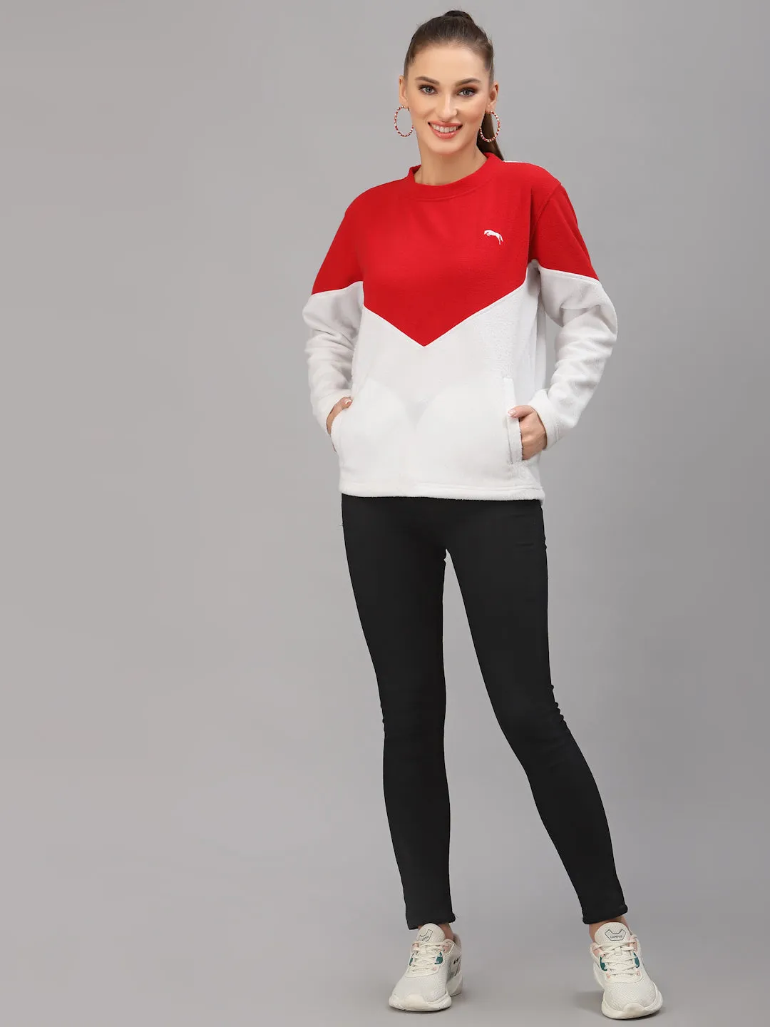 JUMP USA Women White & Red Solid Active Wear Sweatshirt