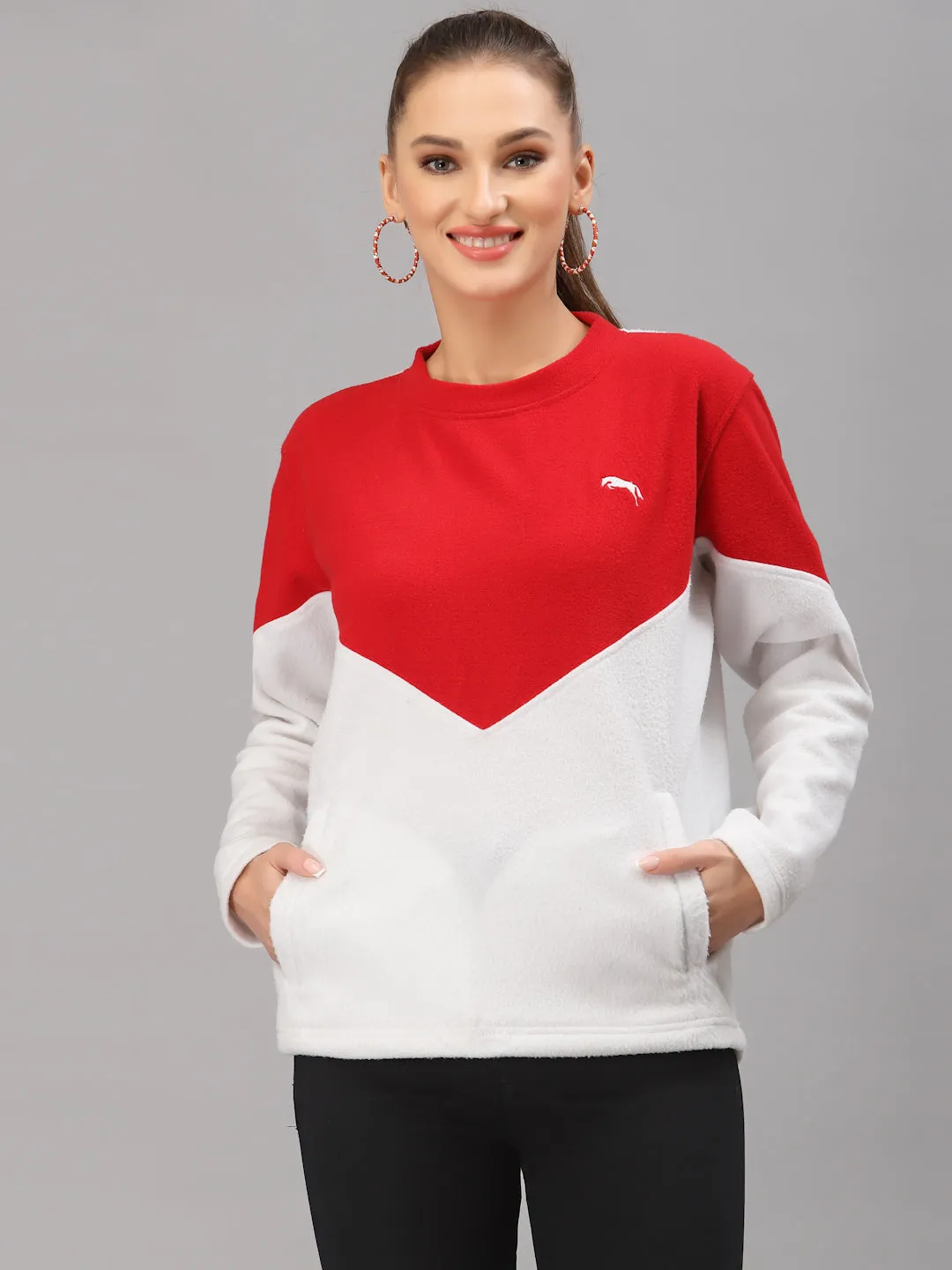 JUMP USA Women White & Red Solid Active Wear Sweatshirt