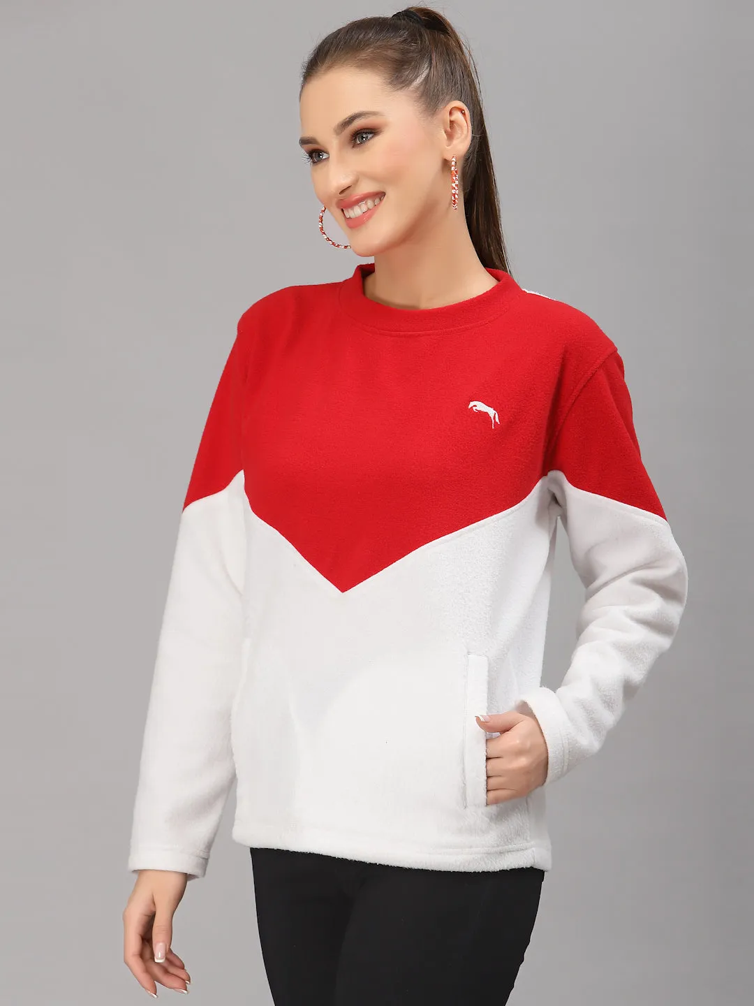 JUMP USA Women White & Red Solid Active Wear Sweatshirt