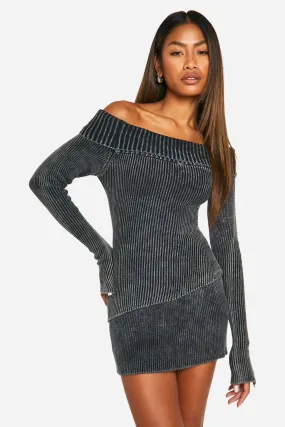 Jumpers & Cardigans | Acid Wash Bardot Asymmetric Hemline Rib Knit Jumper | boohoo