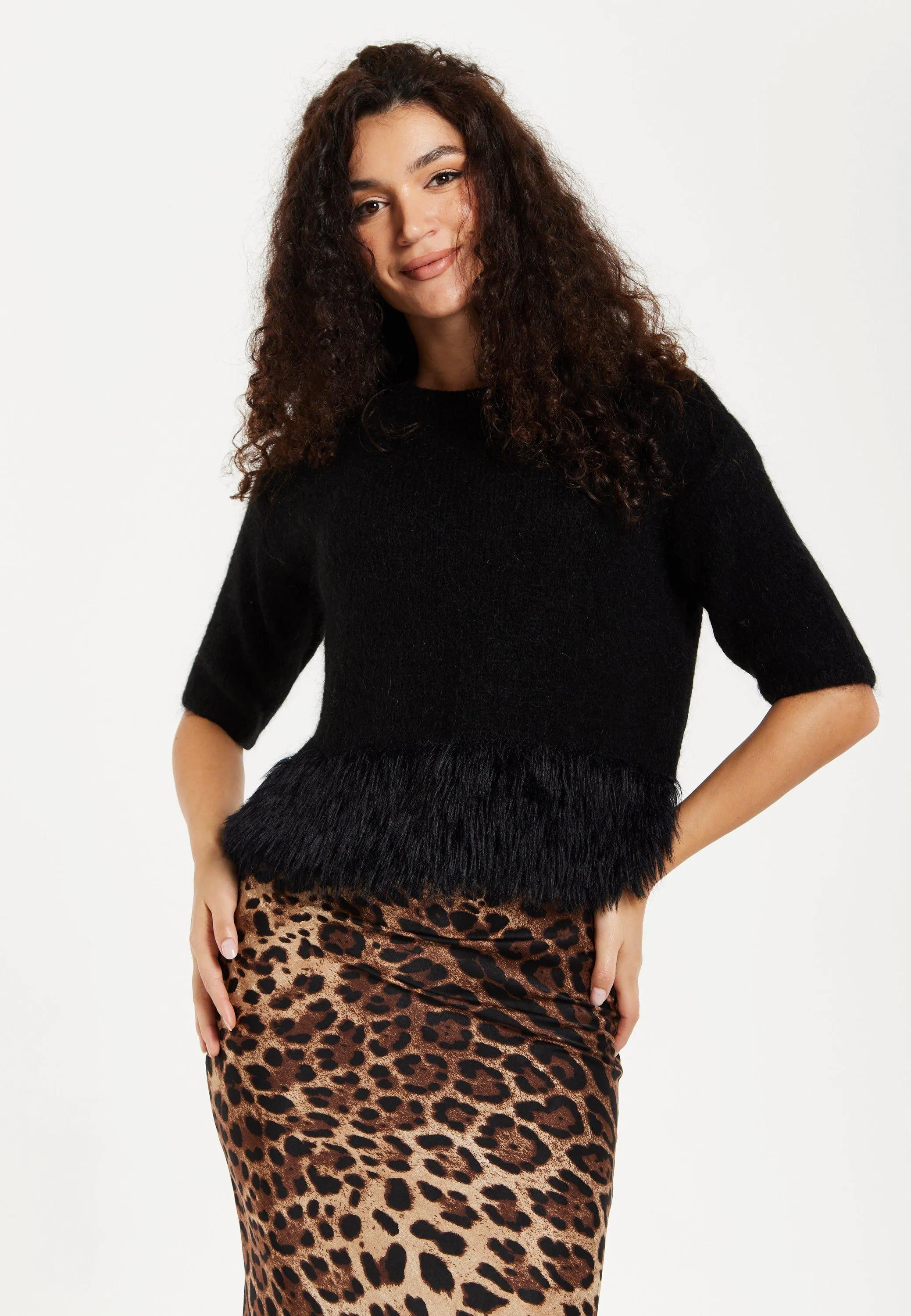 Black Short Sleeves Jumper With Fur Hem Liquorish