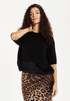 Black Short Sleeves Jumper With Fur Hem Liquorish