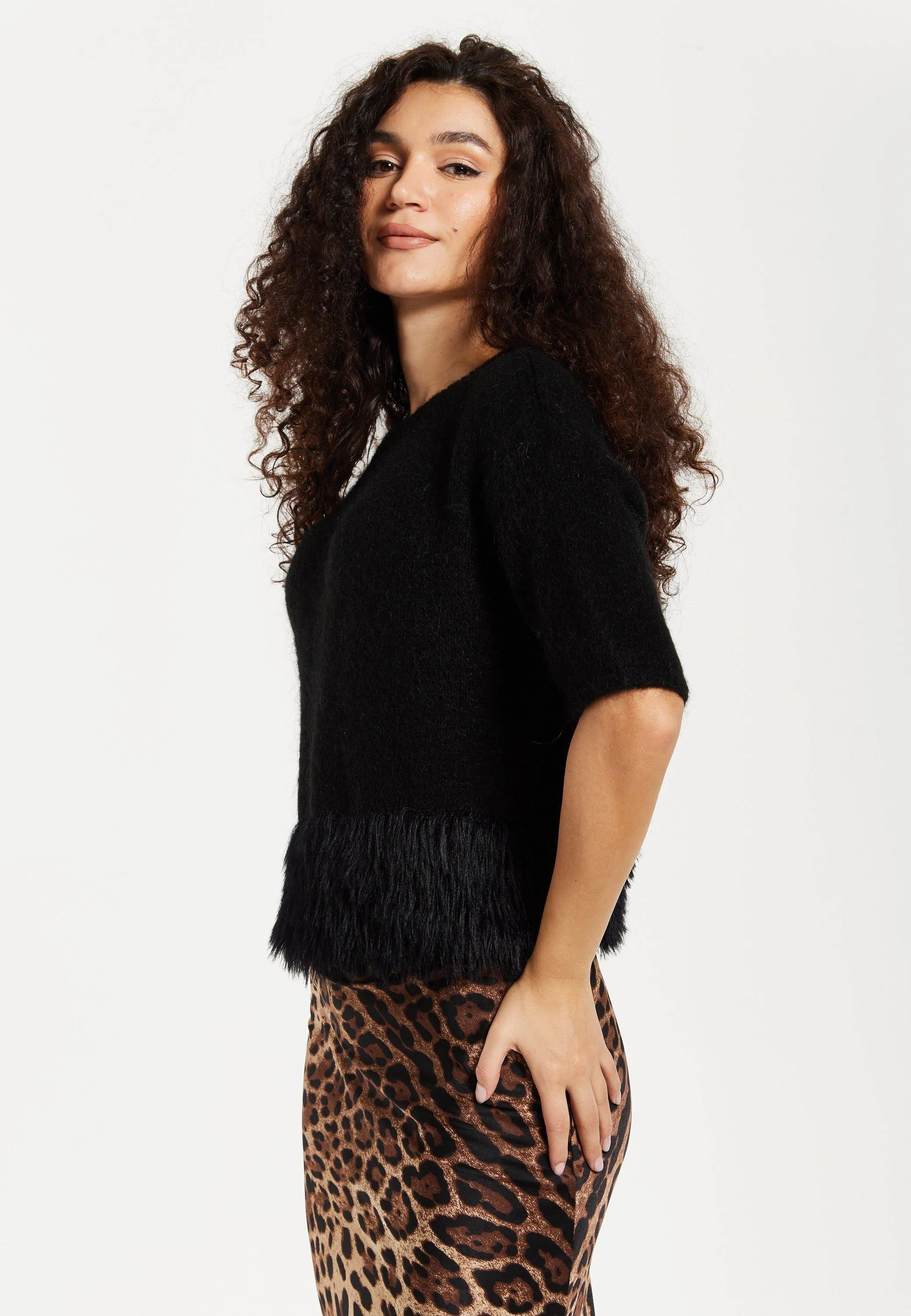 Black Short Sleeves Jumper With Fur Hem Liquorish