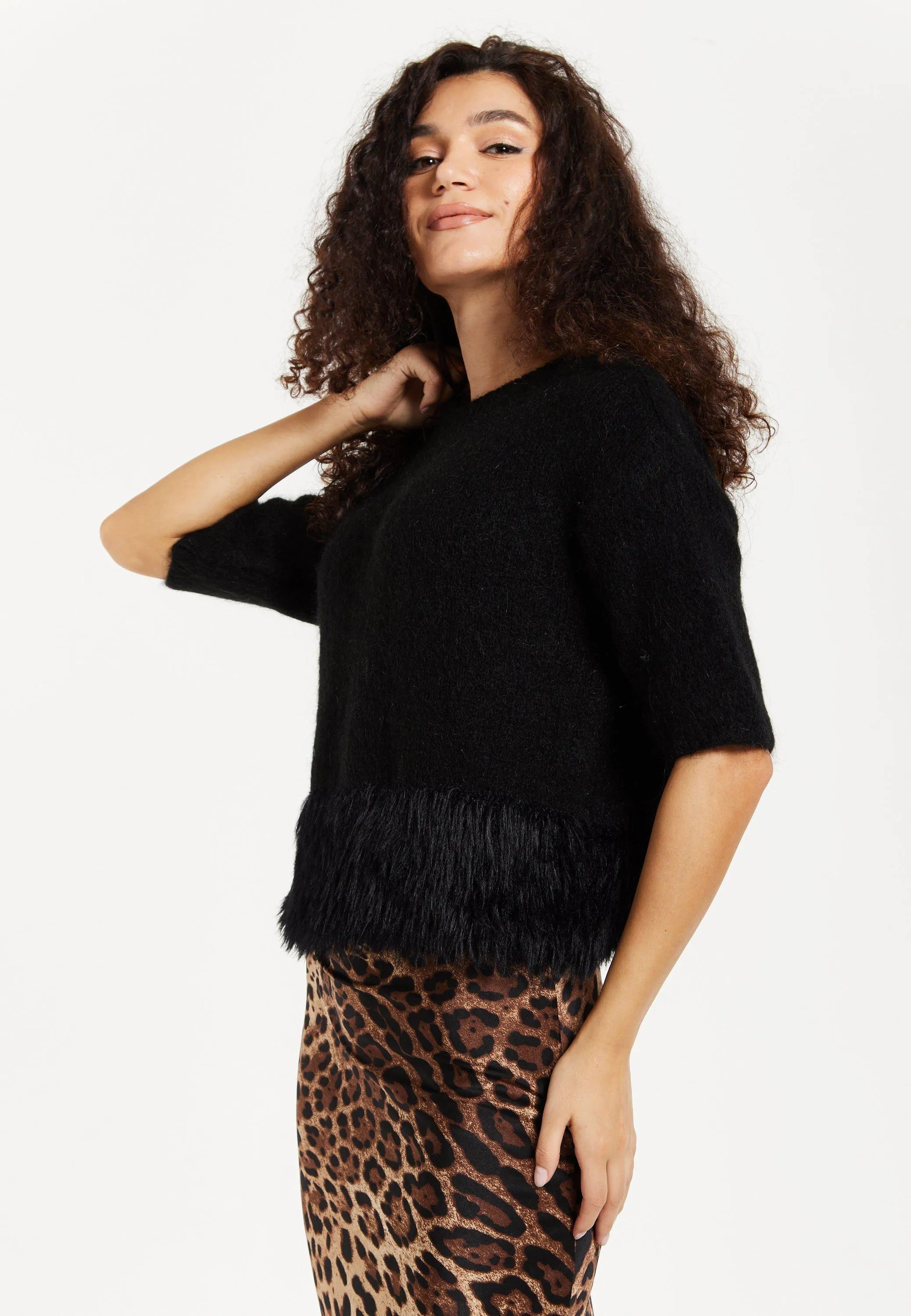 Black Short Sleeves Jumper With Fur Hem Liquorish