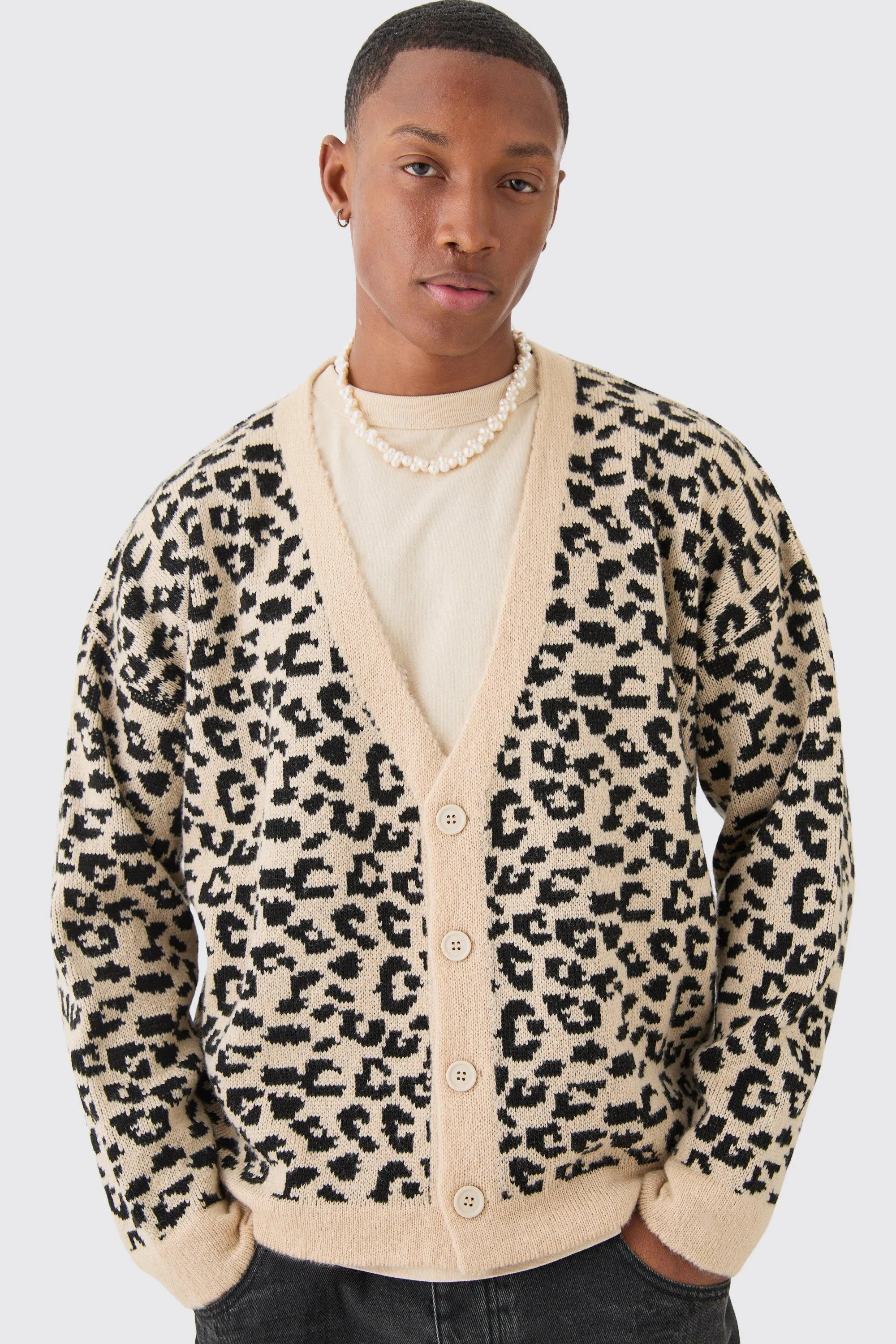 Boxy Leopard Print Cardigan for Men - Shop Jumpers & Cardigans at boohooMAN